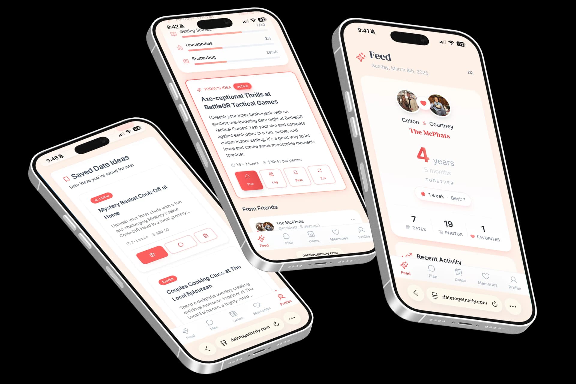 Togetherly app showing date ideas, couple profile, and activity feed